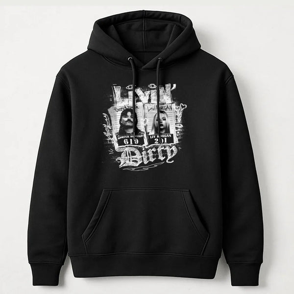 Livin' Dirty Wrestling Hoodie | Dominik Mysterio & Liv Morgan Mugshot Graphic | Premium Cotton Blend Streetwear | Wrestling F