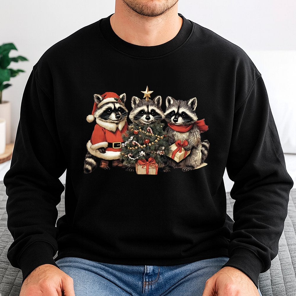 Cute Raccoon Christmas Sweatshirt | Festive Woodland Animal Graphic | Premium Cotton-Poly Blend | Cozy Holiday Gift for Anima