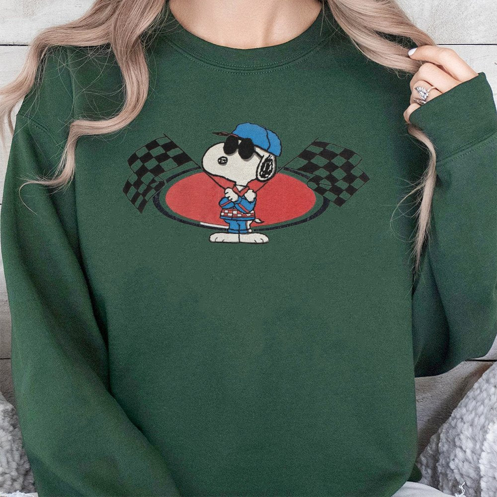Joe Cool Race Car Sweatshirt | Vintage Peanuts Graphic Pullover | Premium Cotton Blend | Retro Cartoon Lover Gift For Men And