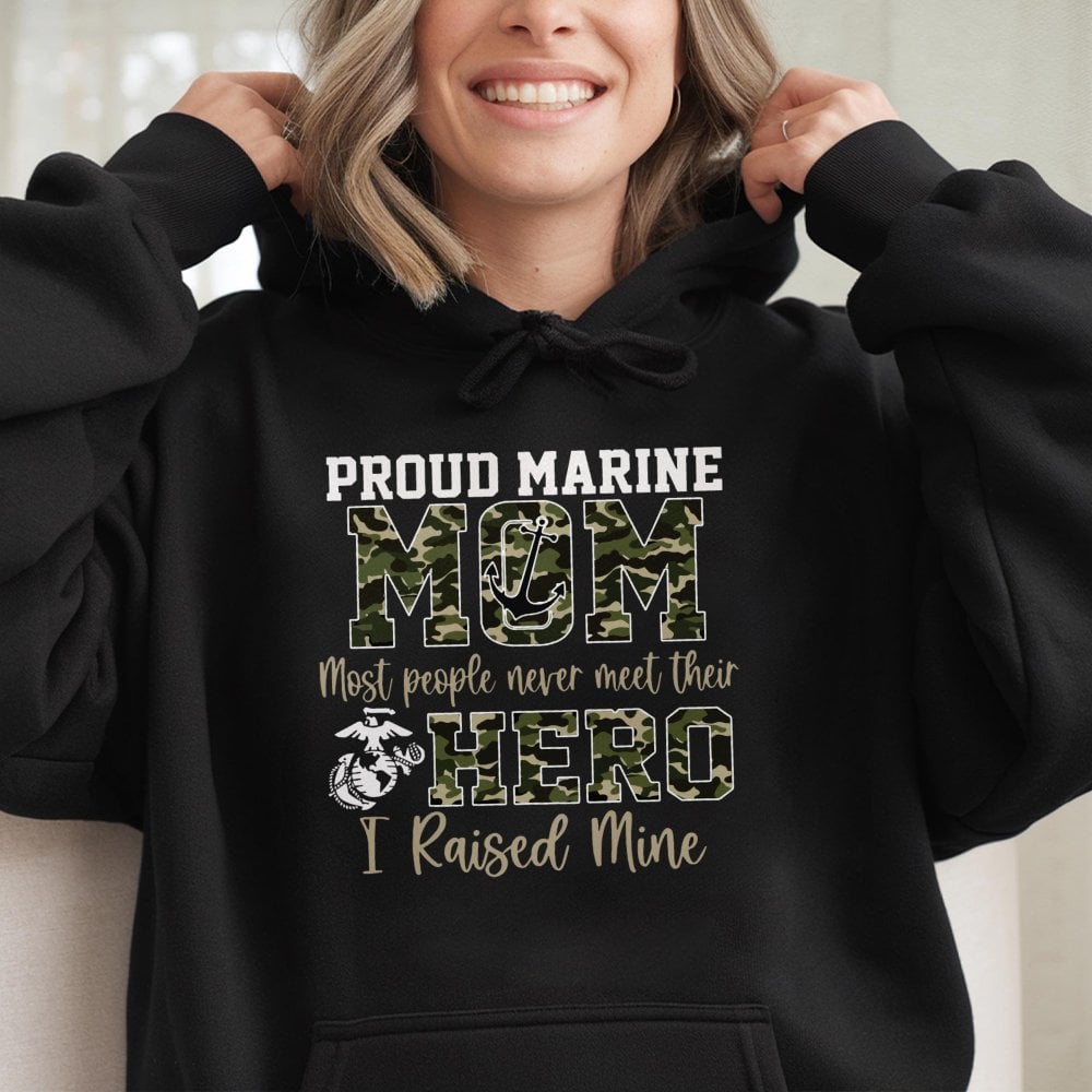 Proud Marine Mom Hoodie | Camo Text Military Gift | Premium Cotton-Poly Blend | USMC Support Apparel For Proud Mother