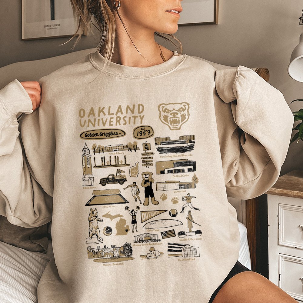 Oakland University Sweatshirt | Golden Grizzlies Campus Landmark Collage | Unisex Cotton Blend Crewneck | College Alumni Gift