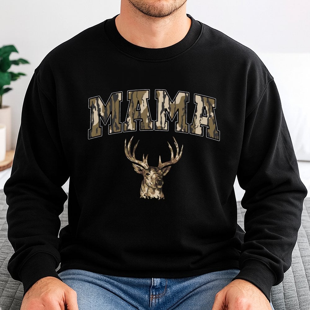 Mama Deer Sweatshirt | Camo Lettering Hunting Season Graphic | Premium Cotton Blend | Gift for Mom Hunter