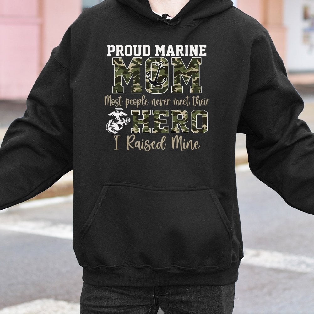 Proud Marine Mom Hoodie | Camo Text Military Gift | Premium Cotton-Poly Blend | USMC Support Apparel For Proud Mother