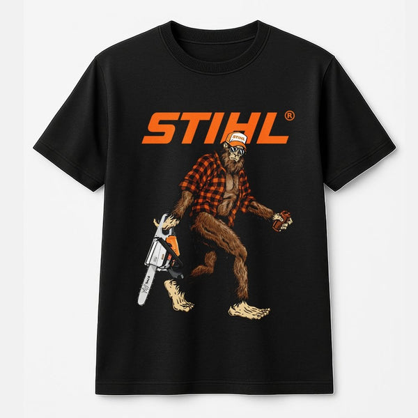 Bigfoot With Chainsaw Graphic T-Shirt | Retro Lumberjack Sasquatch Print | Premium 100% Cotton Tee | Gift for Woodsman and Ou