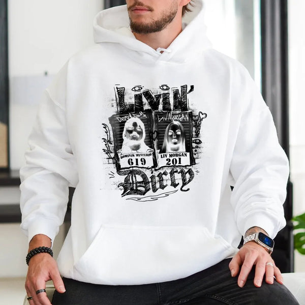 Livin' Dirty Wrestling Hoodie | Dominik Mysterio & Liv Morgan Mugshot Graphic | Premium Cotton Blend Streetwear | Wrestling F