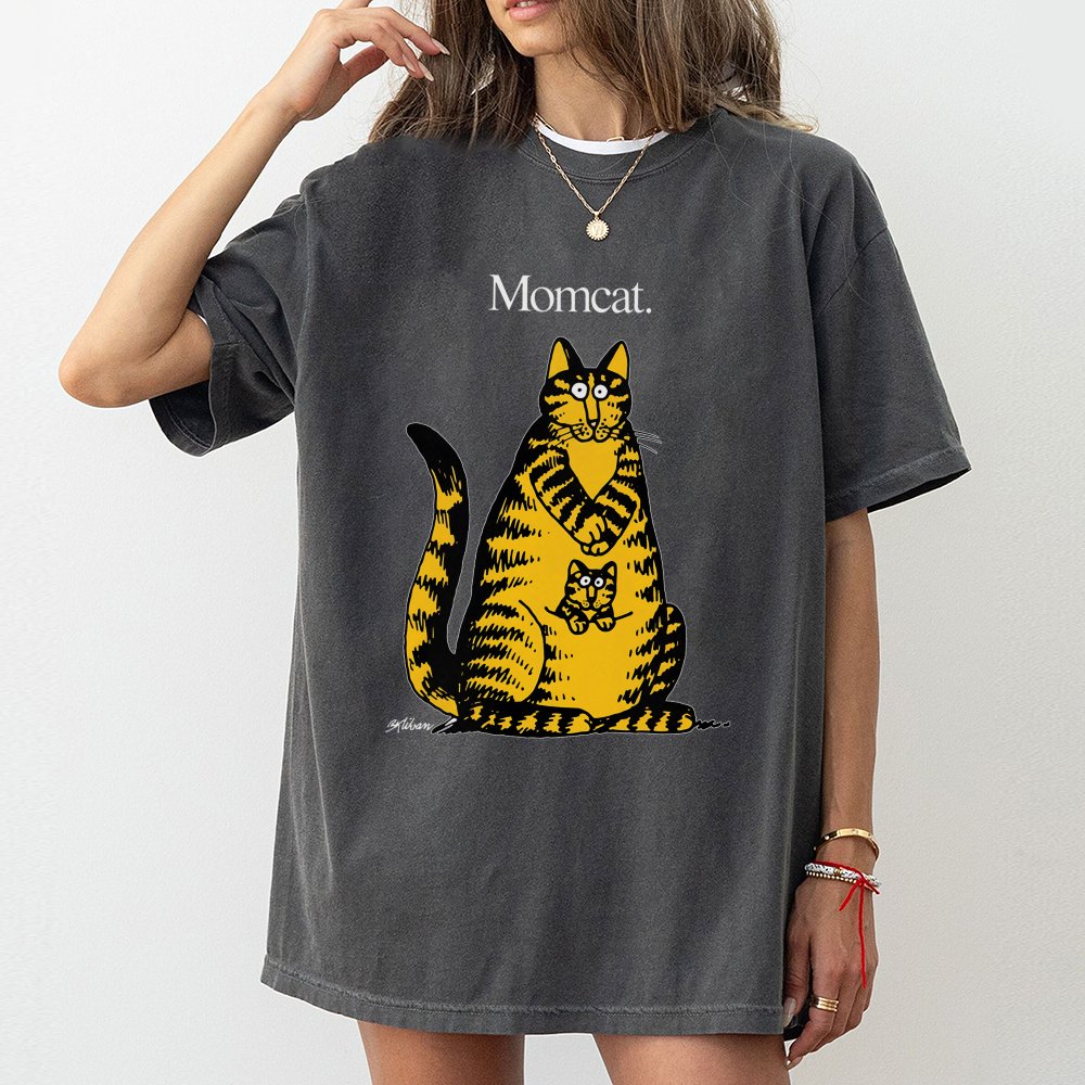 Momcat T-Shirt | Retro B. Kliban Style Graphic Cat Art | 100% Cotton Premium Tee | Unique Cat Mom Gift Idea for Women and Cat