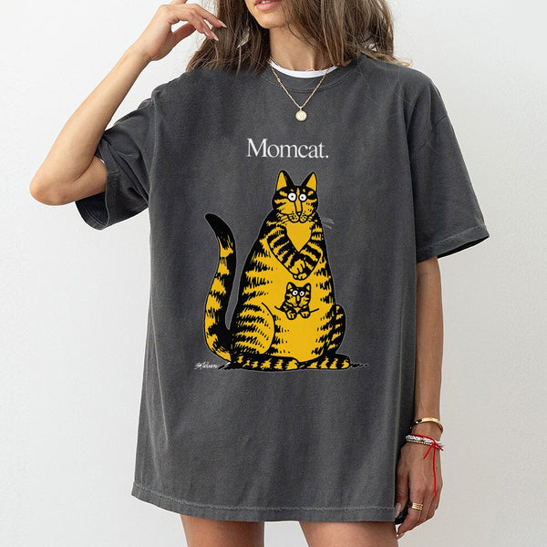 Momcat T-Shirt | Retro B. Kliban Style Graphic Cat Art | 100% Cotton Premium Tee | Unique Cat Mom Gift Idea for Women and Cat