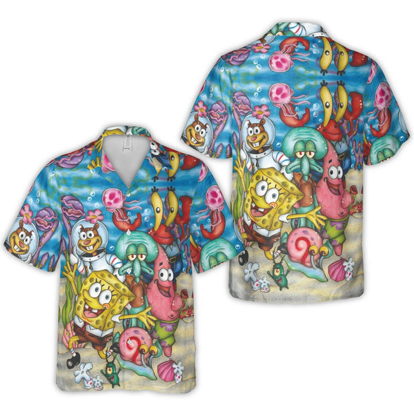Bikini Bottom Friends Hawaiian Shirt | Full Cast Underwater Print | Lightweight Polyester | Collector's Gift for 90s Kids