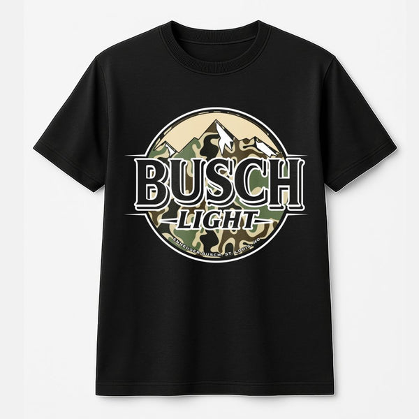 Busch Light Camo Logo T-Shirt | Mountain Graphic Hunting Tee | 100% Cotton Premium Apparel | Outdoor Beer Lover Gift for Men 