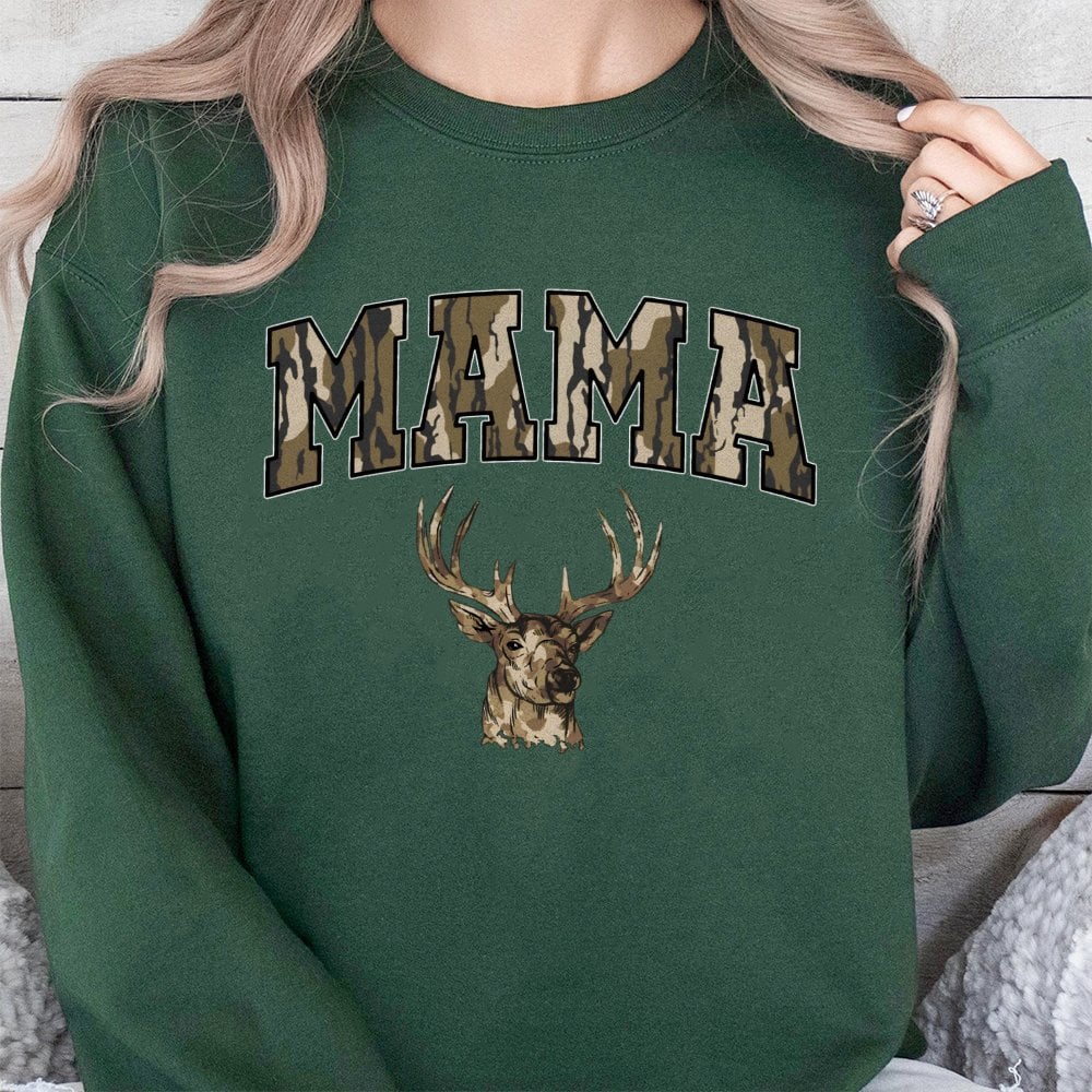 Mama Deer Sweatshirt | Camo Lettering Hunting Season Graphic | Premium Cotton Blend | Gift for Mom Hunter