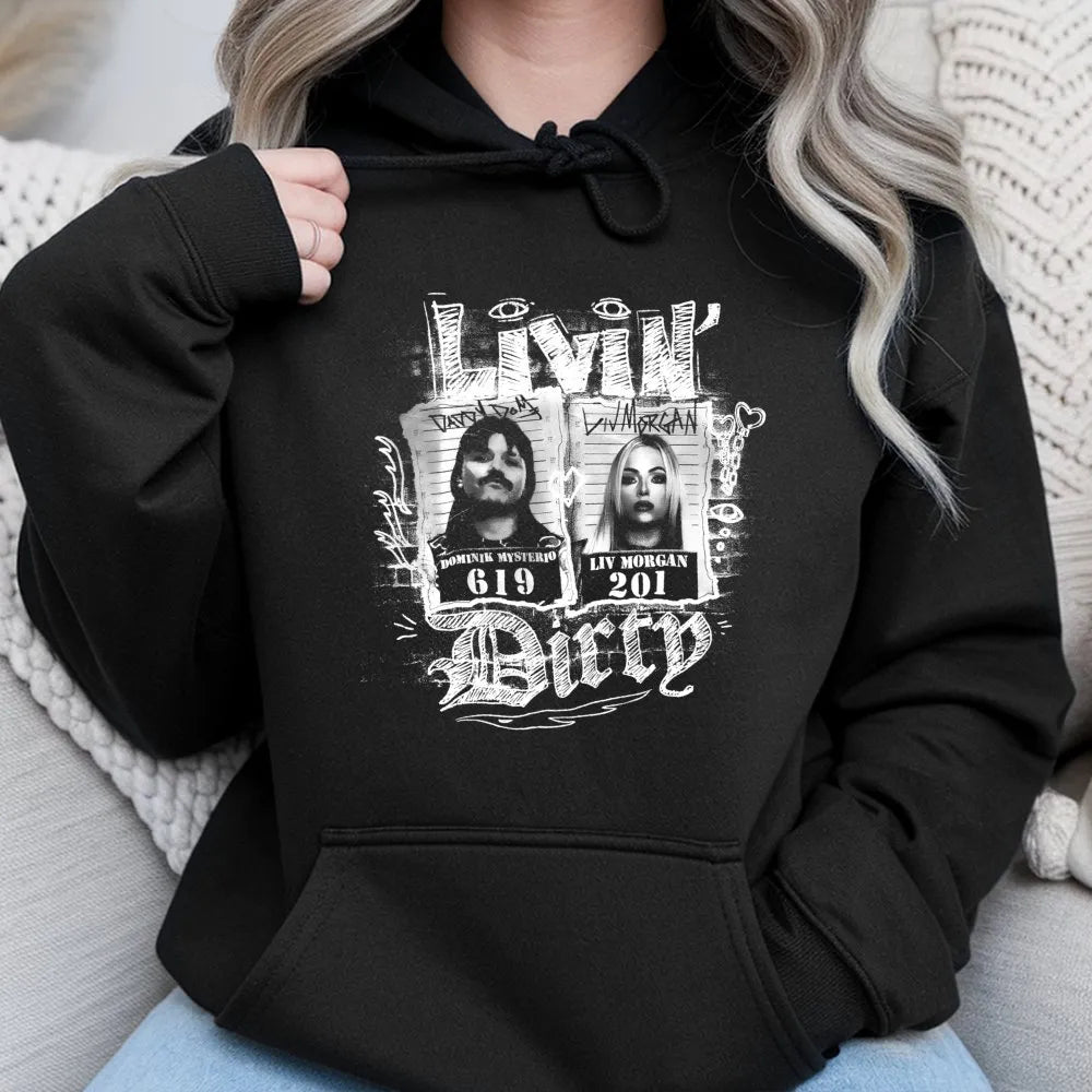 Livin' Dirty Wrestling Hoodie | Dominik Mysterio & Liv Morgan Mugshot Graphic | Premium Cotton Blend Streetwear | Wrestling F