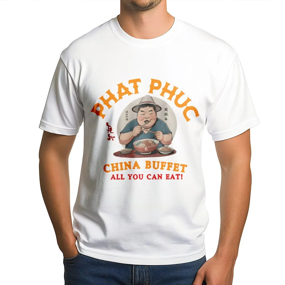 Phat Phuc Buffet T-Shirt | Funny Asian Food Graphic Tee | Premium Cotton Casual Wear | Retro Style Humorous Gift for Foodies