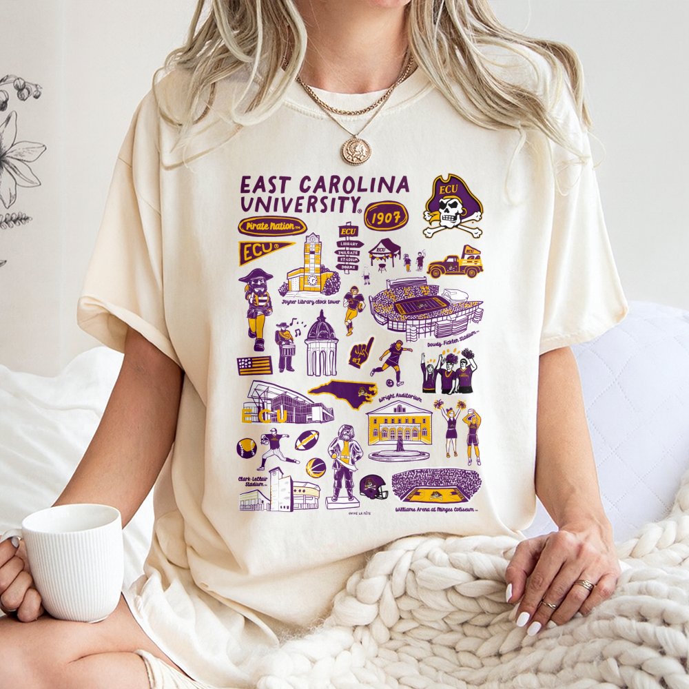 East Carolina University T-Shirt | Pirate Nation Campus Landmark Collage | Premium 100% Cotton Tee | Gift for ECU Students, A