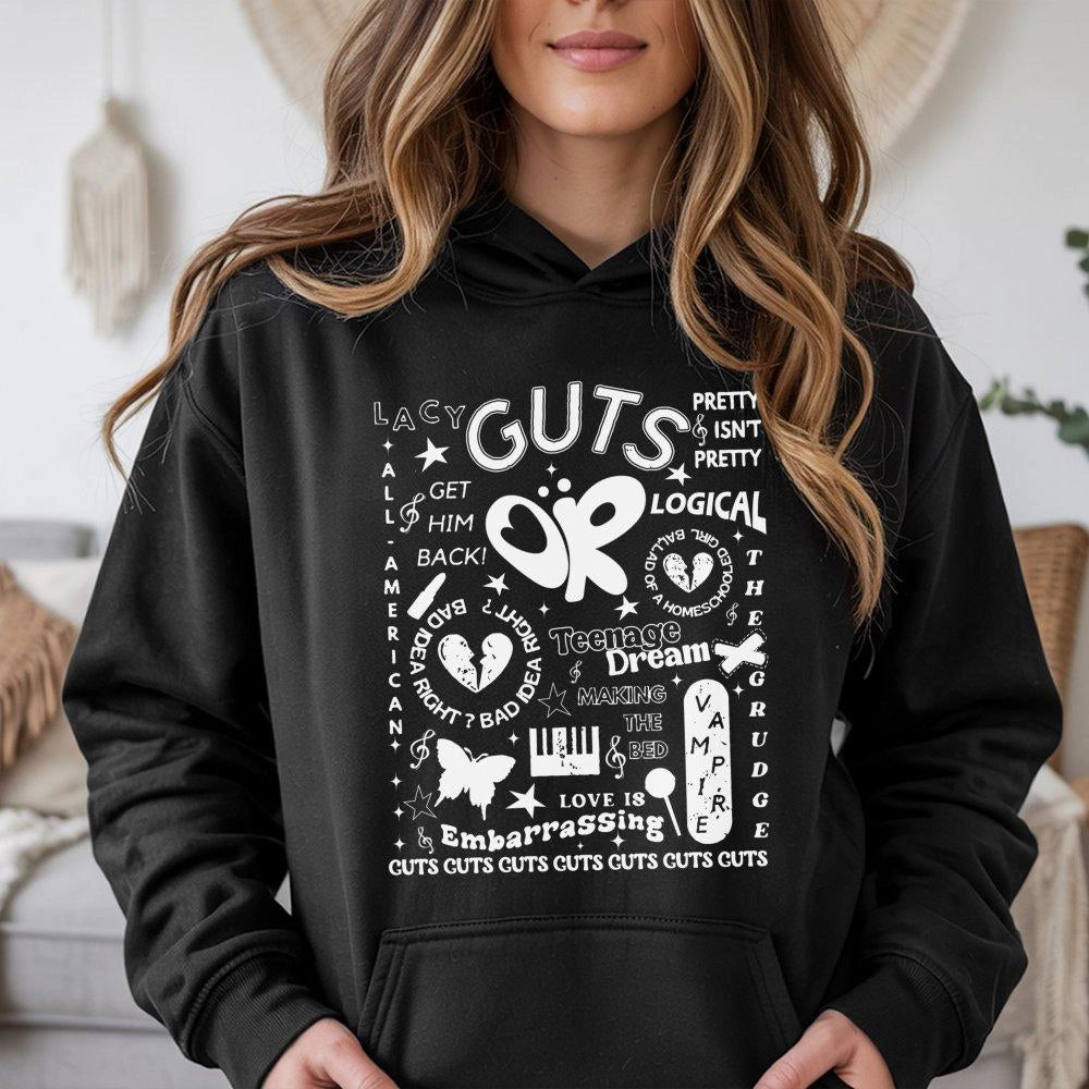 Music Album Collage Hoodie | Guts Tracklist Typography Graphic | Premium Cotton Blend Sweatshirt | Pop Culture Fan Gift For M