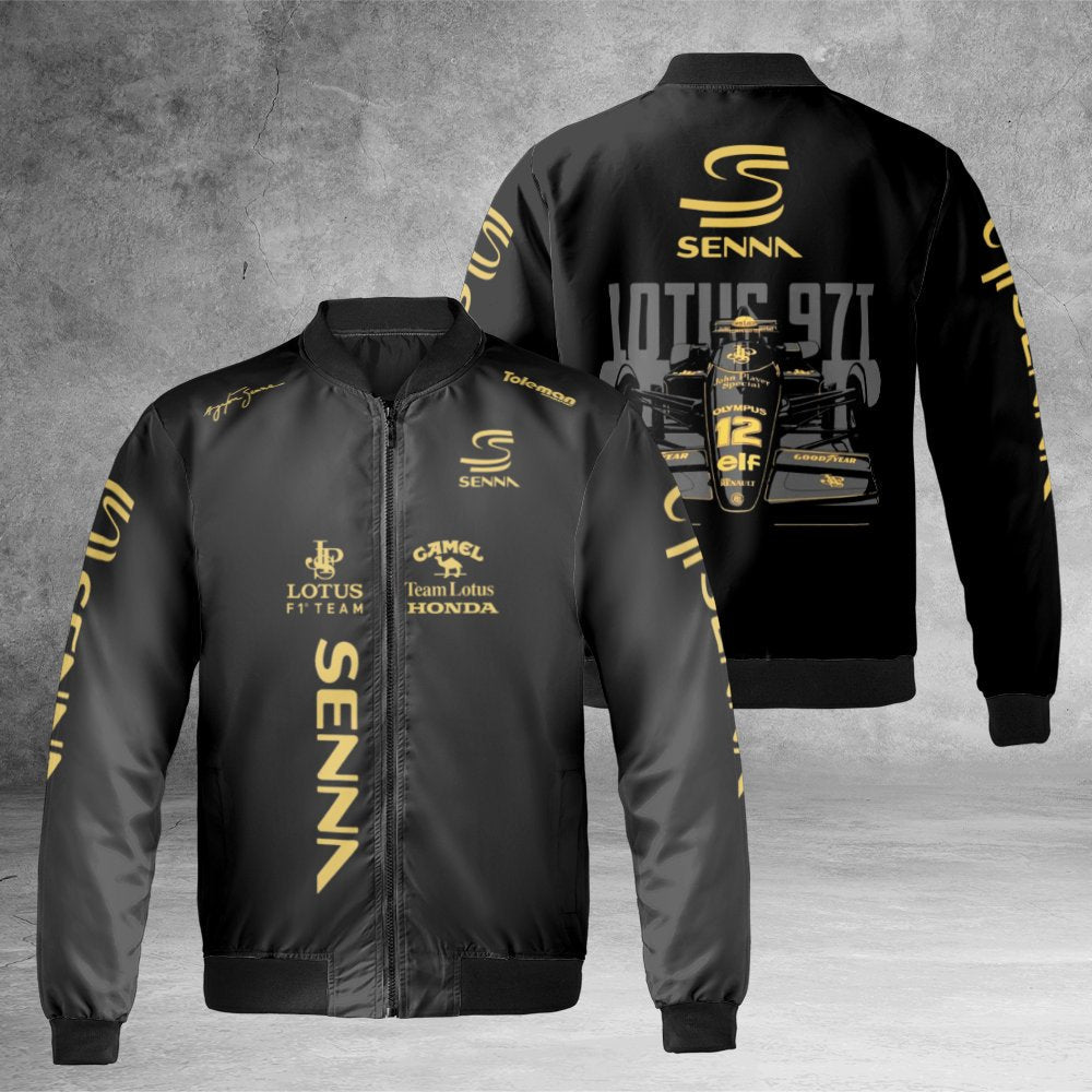 Ayrton Senna Formula 1 Bomber Jacket | Lotus 97T Motorsport Graphic | Durable Nylon Racing Outerwear | Retro F1 Fan Gift for 