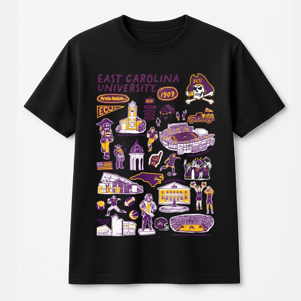 East Carolina University T-Shirt | Pirate Nation Campus Landmark Collage | Premium 100% Cotton Tee | Gift for ECU Students, A