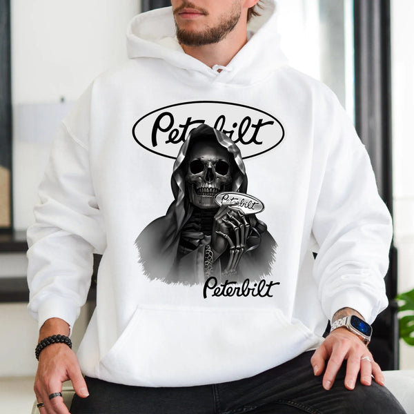 Trucker Hoodie Reaper Skull | Peterbilt Logo Graphic Print | Premium Cotton Blend | Heavy Duty Apparel Gift for Truck Drivers