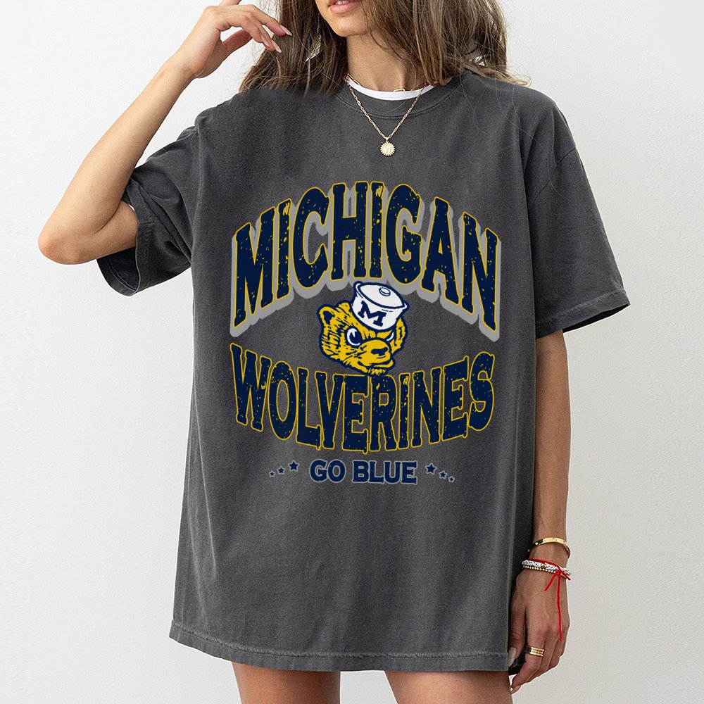 Michigan Wolverines T-Shirt | Vintage Mascot Go Blue Graphic Print | Premium Soft Cotton | College Football Fan Gift For Stud