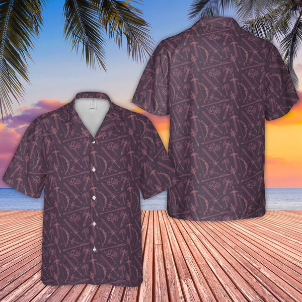 Fantasy Weapons Hawaiian Shirt | RPG Gamer Button Down | Wrinkle-Resistant Polyester | Gift for D&D Enthusiasts and Fantasy L