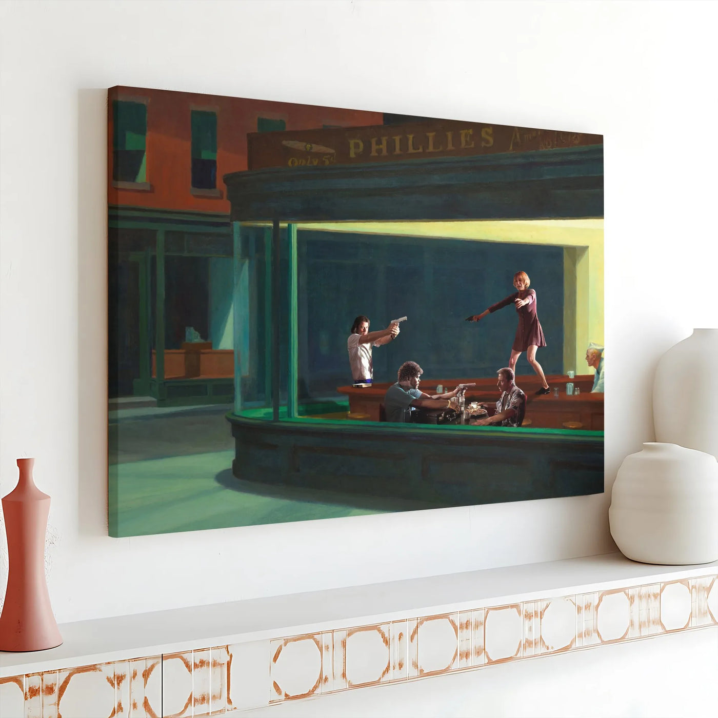 Pulp Fiction Nighthawks Horizontal Canvas | Tarantino Movie Characters in Hopper Diner Art | Premium 1.25" Gallery Canvas | G