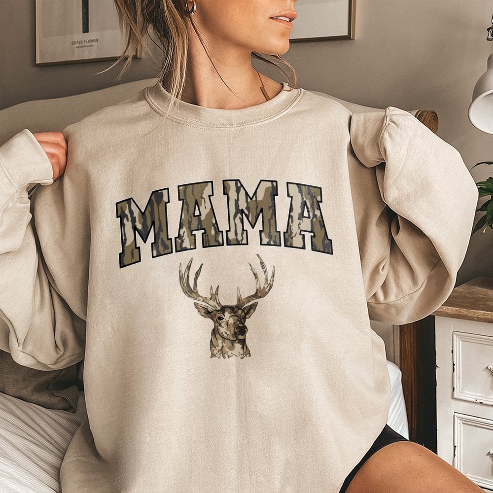 Mama Deer Sweatshirt | Camo Lettering Hunting Season Graphic | Premium Cotton Blend | Gift for Mom Hunter