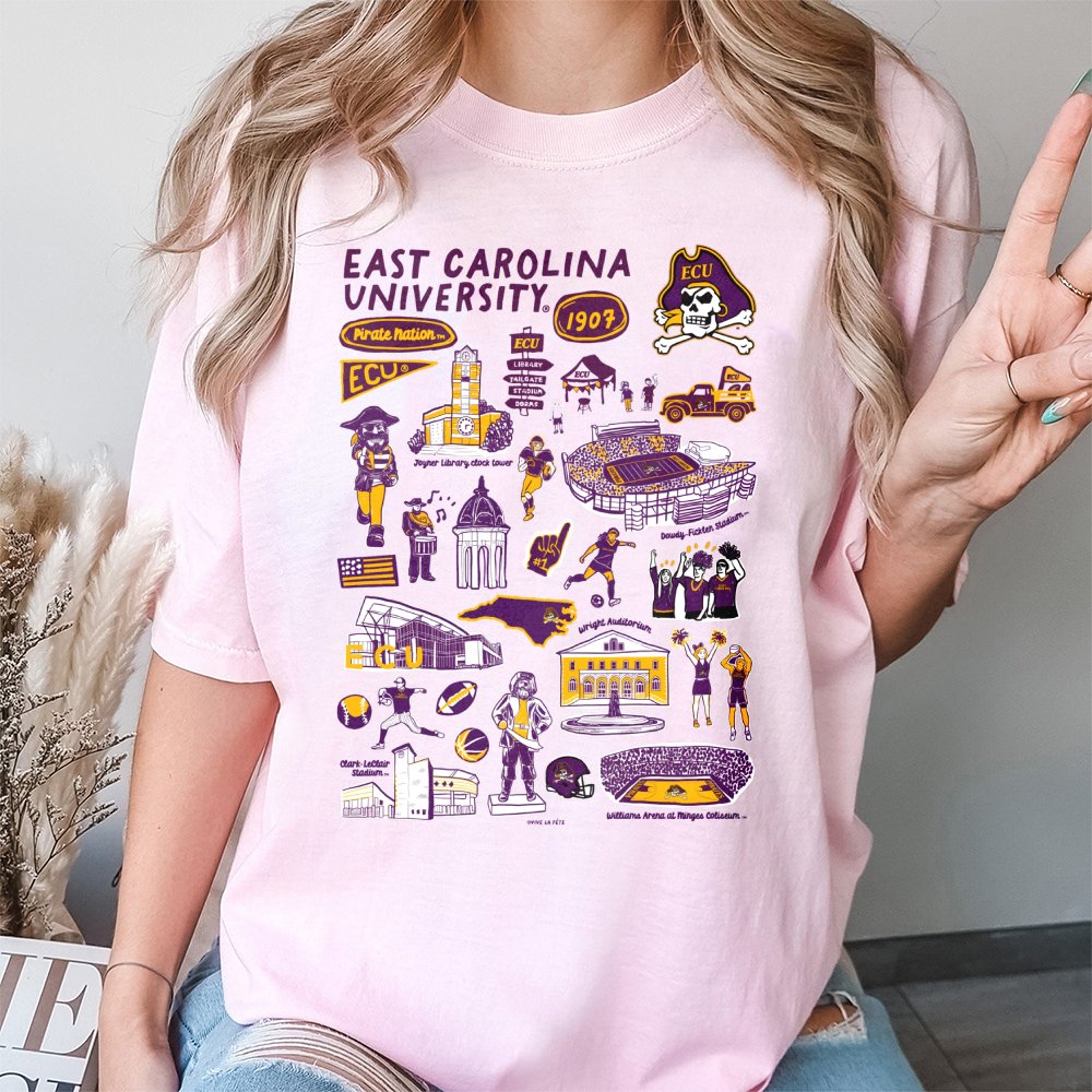 East Carolina University T-Shirt | Pirate Nation Campus Landmark Collage | Premium 100% Cotton Tee | Gift for ECU Students, A