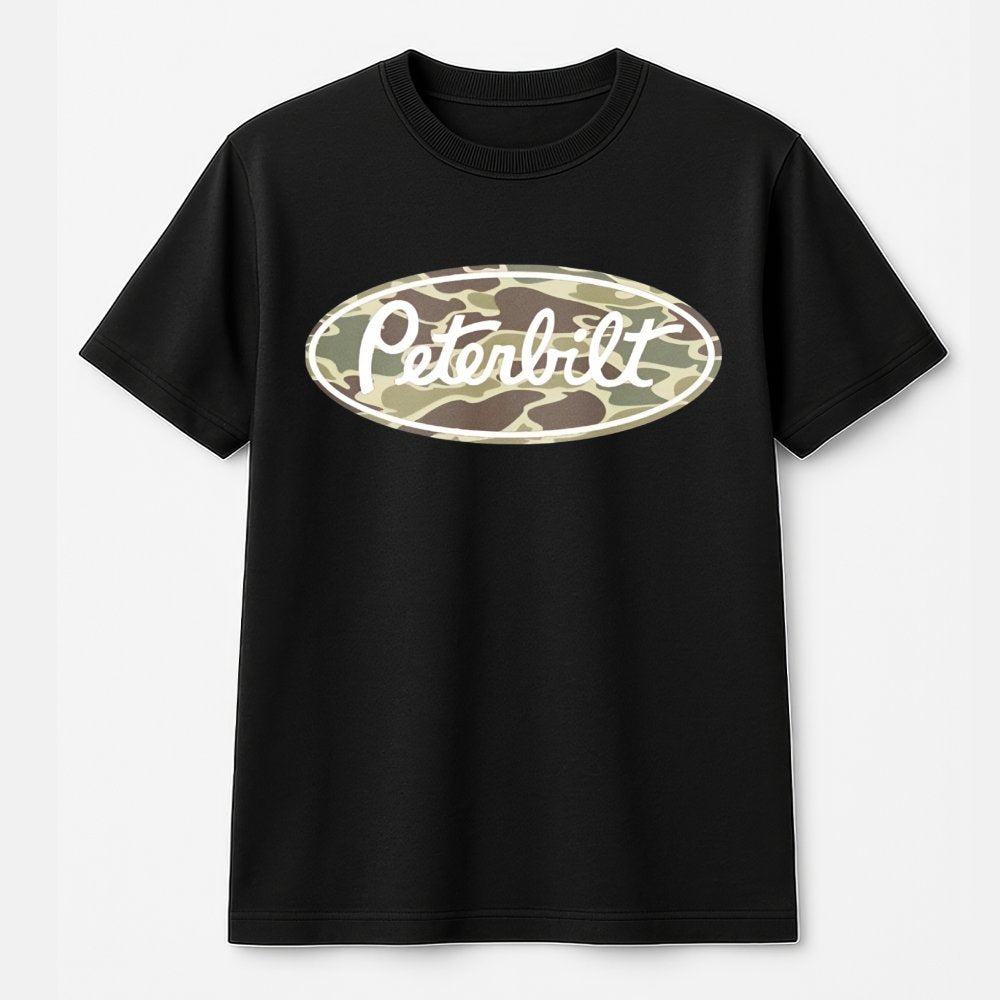 Peterbilt Truck Graphic T-Shirt | Camo Oval Logo Design | Premium 100% Cotton | Retro Heritage Gift for Truckers and Heavy Du