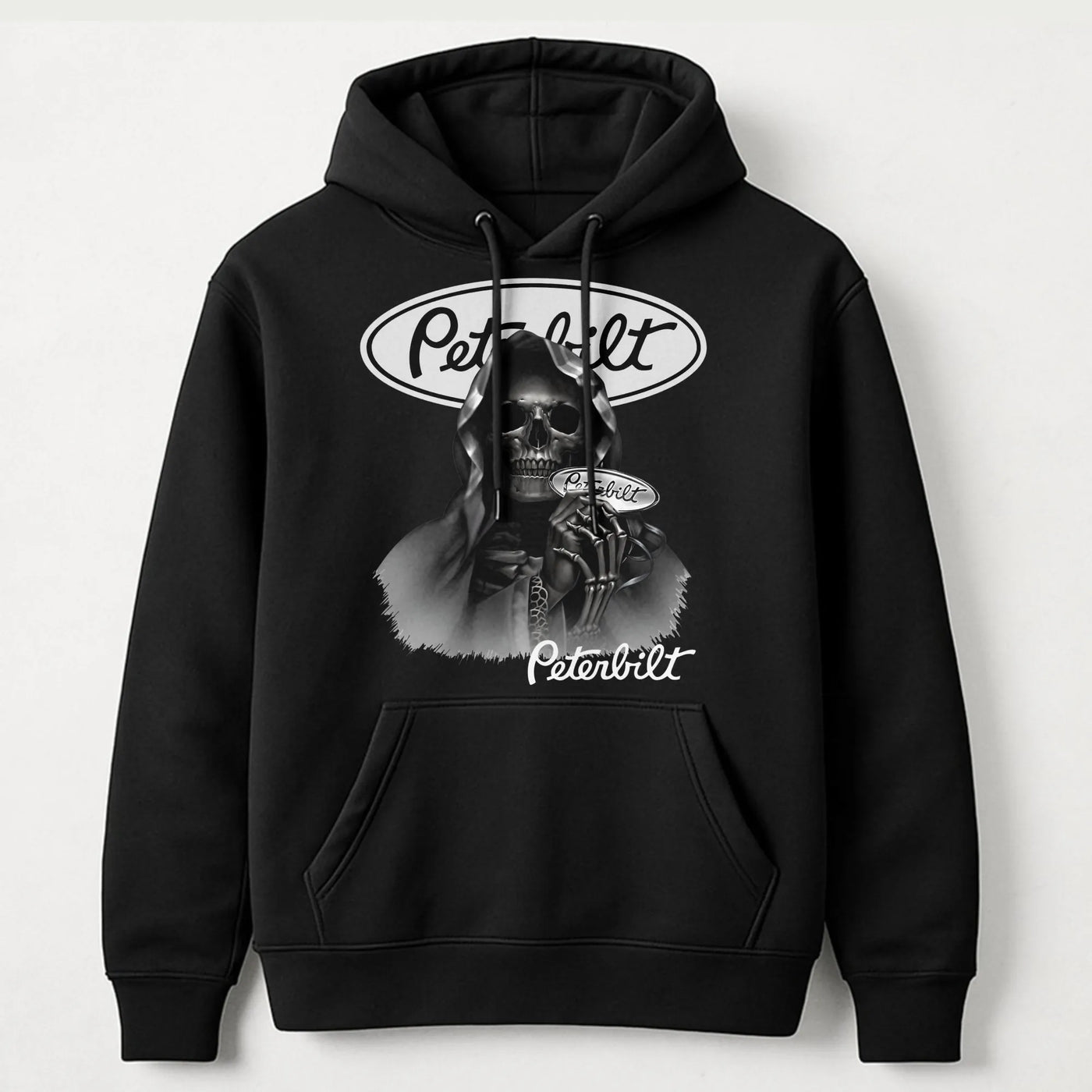 Trucker Hoodie Reaper Skull | Peterbilt Logo Graphic Print | Premium Cotton Blend | Heavy Duty Apparel Gift for Truck Drivers