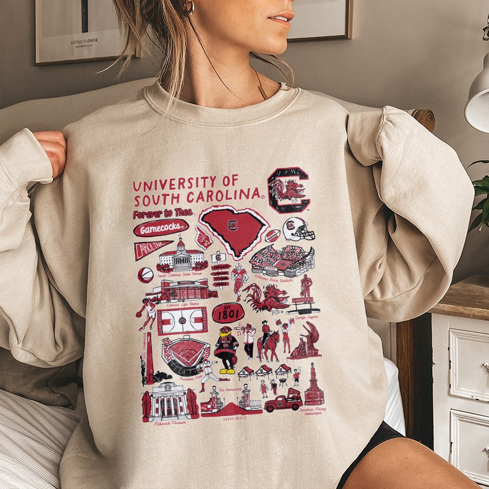 University Of South Carolina Sweatshirt | Gamecocks Campus Landmarks Illustration | Premium Cotton Blend Crewneck | Gift For 