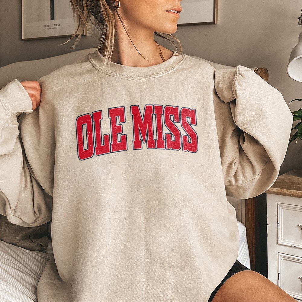 Ole Miss Sweatshirt | Distressed Collegiate Font Graphic Crewneck | Premium Cotton Blend | University Fan Gift Apparel