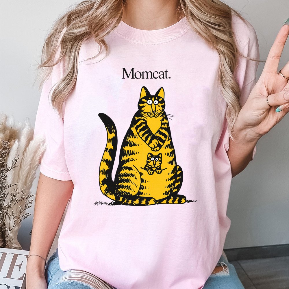Momcat T-Shirt | Retro B. Kliban Style Graphic Cat Art | 100% Cotton Premium Tee | Unique Cat Mom Gift Idea for Women and Cat