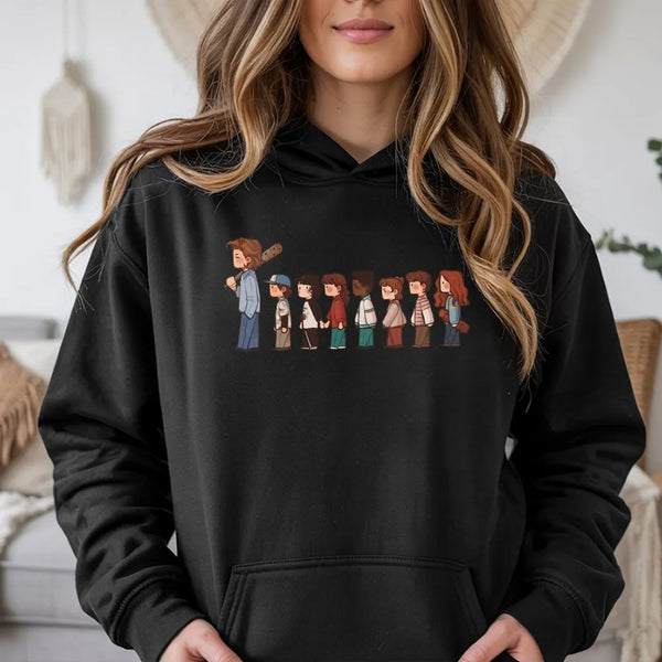 Stranger TV Show Hoodie | Chibi Character Lineup Graphic | Premium Cotton Blend Unisex Sweatshirt | Retro Sci-Fi Fan Gift