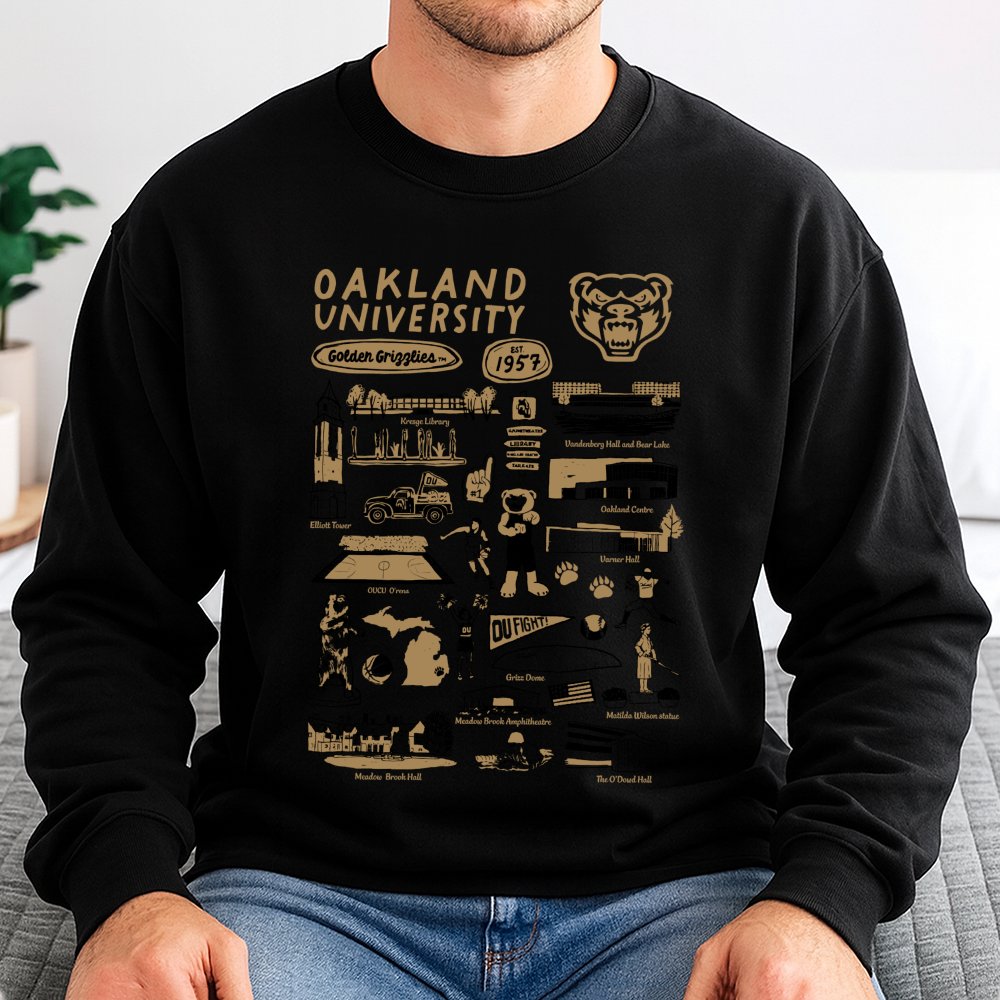 Oakland University Sweatshirt | Golden Grizzlies Campus Landmark Collage | Unisex Cotton Blend Crewneck | College Alumni Gift