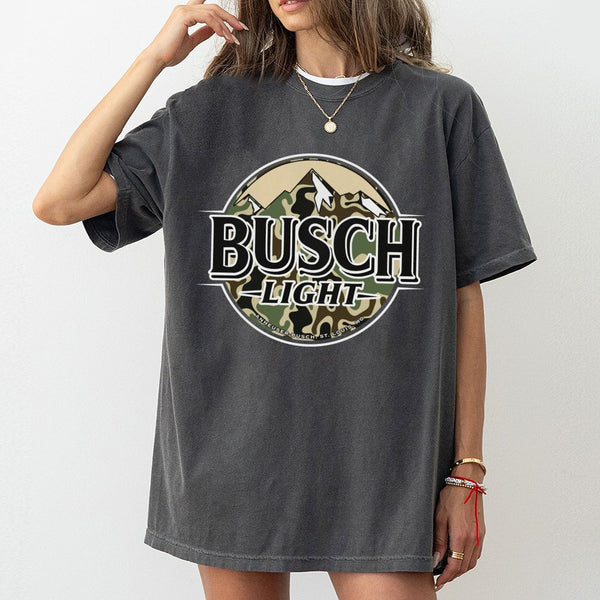 Busch Light Camo Logo T-Shirt | Mountain Graphic Hunting Tee | 100% Cotton Premium Apparel | Outdoor Beer Lover Gift for Men 