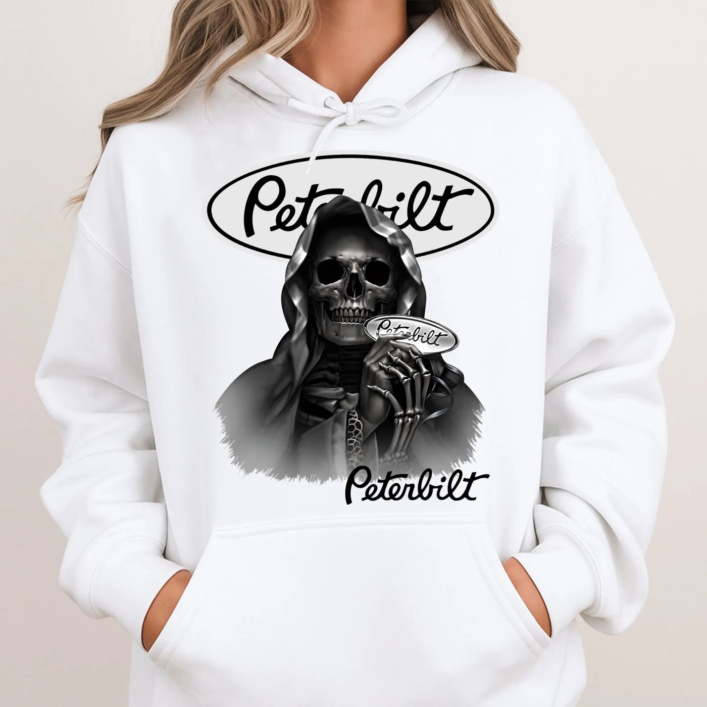 Trucker Hoodie Reaper Skull | Peterbilt Logo Graphic Print | Premium Cotton Blend | Heavy Duty Apparel Gift for Truck Drivers