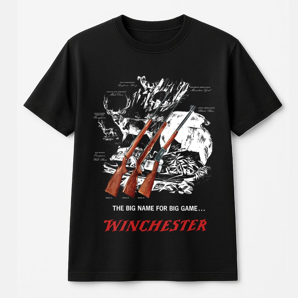 Winchester Big Game T-Shirt | Vintage Wildlife & Rifle Graphic | 100% Cotton Premium Apparel | Outdoor Hunting Gift For Men &