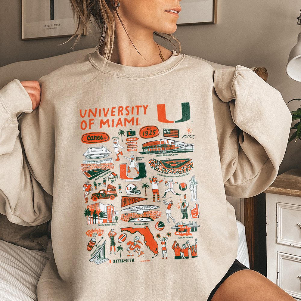 University of Miami Sweatshirt | Vintage Style Campus Icons Collage | Premium Cotton Blend | Unisex Gift for Hurricanes Stude