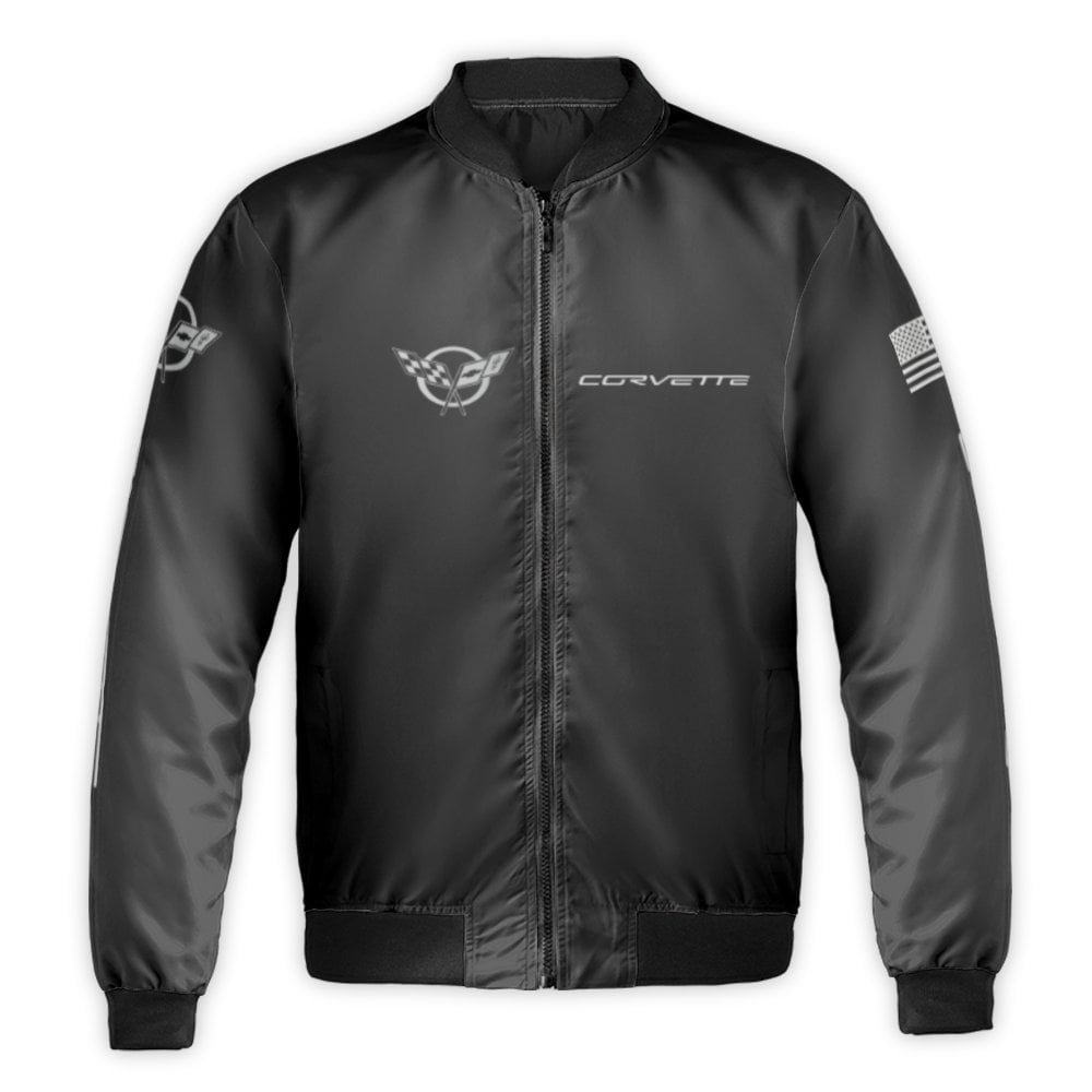 Corvette Logo Bomber Jacket | American Flag Graphic Streetwear | Durable Nylon Shell | Premium Gift for Sports Car Enthusiast