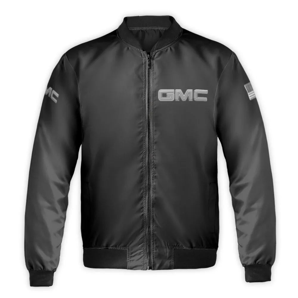 GMC Bomber Jacket | American Flag Logo Print | Durable Nylon Outerwear | Patriotic Automotive Enthusiast Gift
