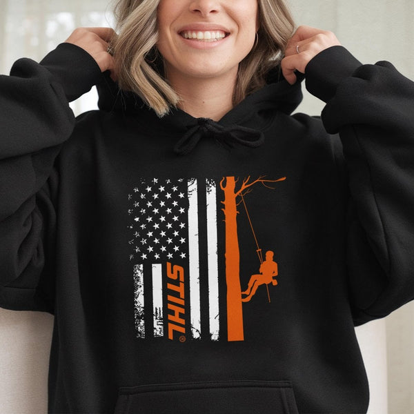 Arborist Tree Climber Hoodie | American Flag Logger Graphic | Premium Cotton-Poly Blend | Gift for Professional Tree Surgeons