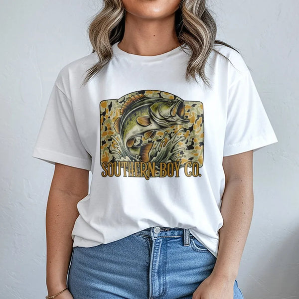 Bass Fishing T-Shirt | Camo Wildlife Graphic | Premium Soft Cotton | Outdoor Country Gift For Fisherman