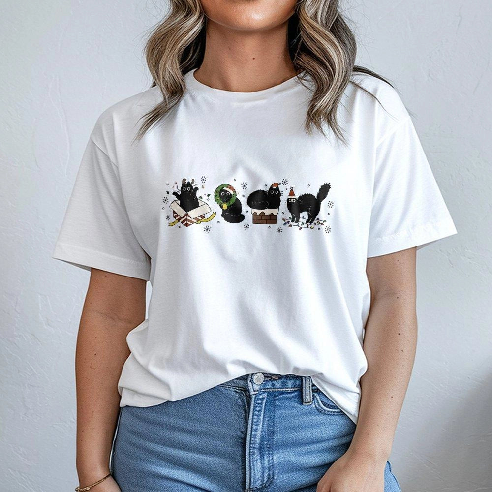Christmas Black Cat T-Shirt | Festive Kittens Holiday Graphic | Premium Soft Cotton | Cat Mom Gift Idea