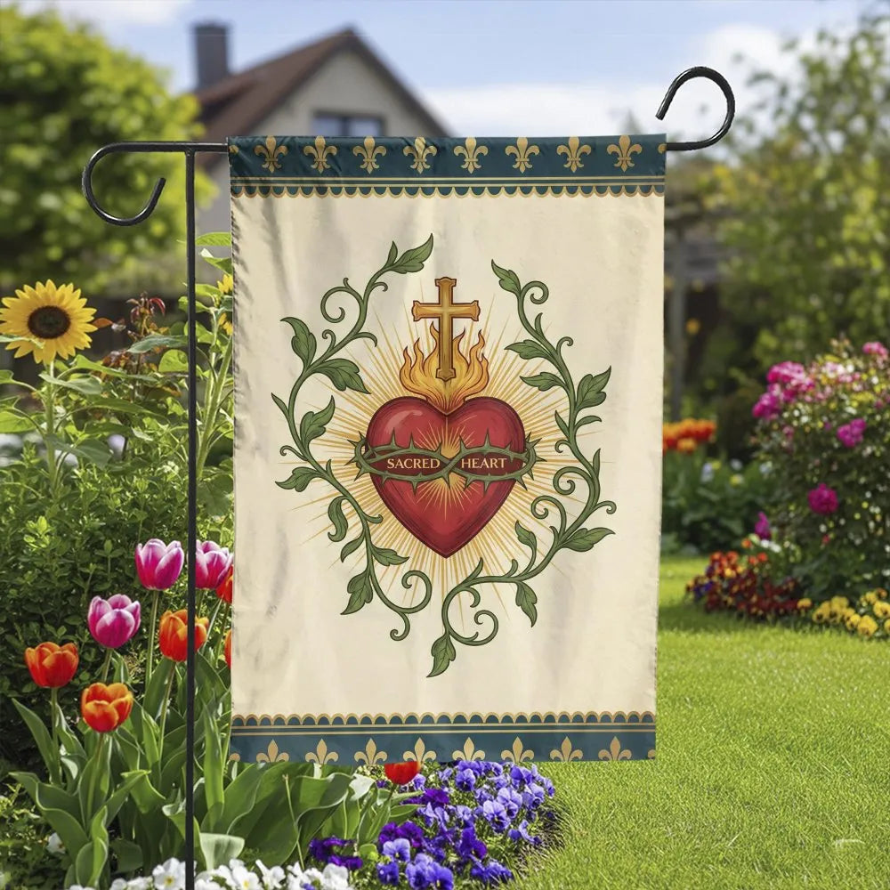 Sacred Heart of Jesus Garden Flag | Vintage Fleur-de-lis Botanical Art | Double Sided Premium Polyester | Catholic Christian 