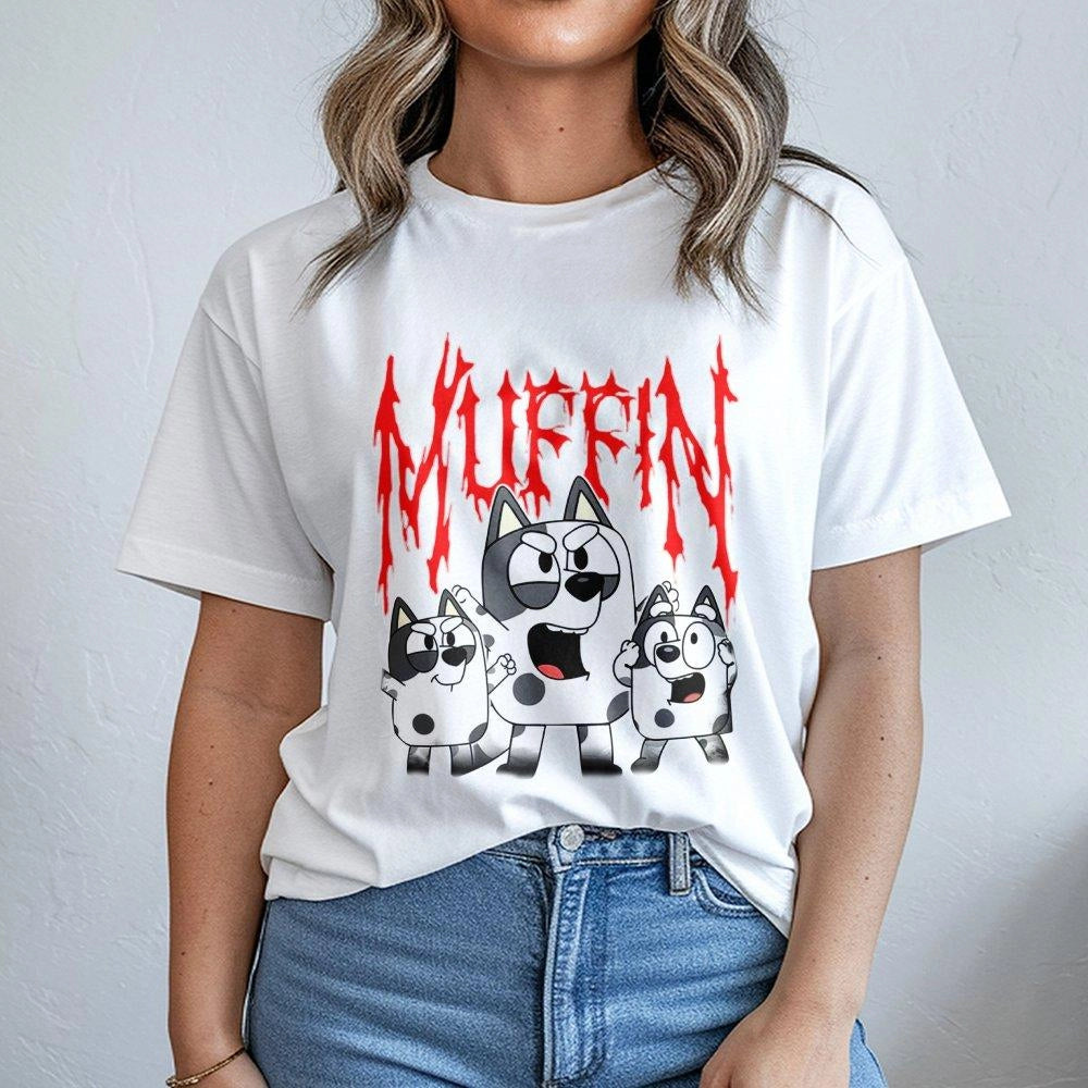 Cartoon Dog Graphic T-Shirt | Heavy Metal Muffin Band Style | Premium Cotton Apparel | Gift For Animation Fans And Cartoon Lo