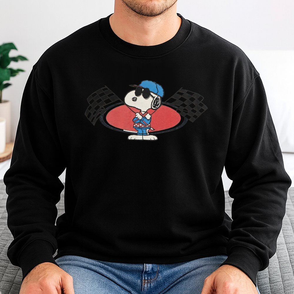 Joe Cool Race Car Sweatshirt | Vintage Peanuts Graphic Pullover | Premium Cotton Blend | Retro Cartoon Lover Gift For Men And
