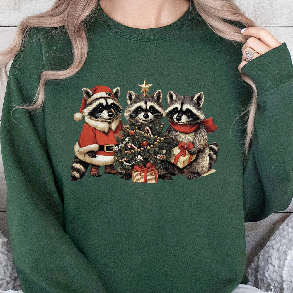 Cute Raccoon Christmas Sweatshirt | Festive Woodland Animal Graphic | Premium Cotton-Poly Blend | Cozy Holiday Gift for Anima
