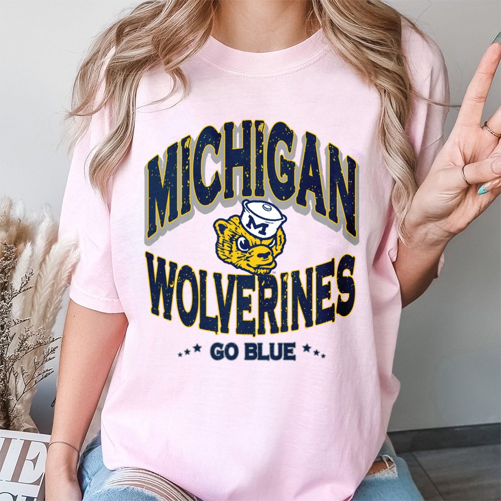 Michigan Wolverines T-Shirt | Vintage Mascot Go Blue Graphic Print | Premium Soft Cotton | College Football Fan Gift For Stud