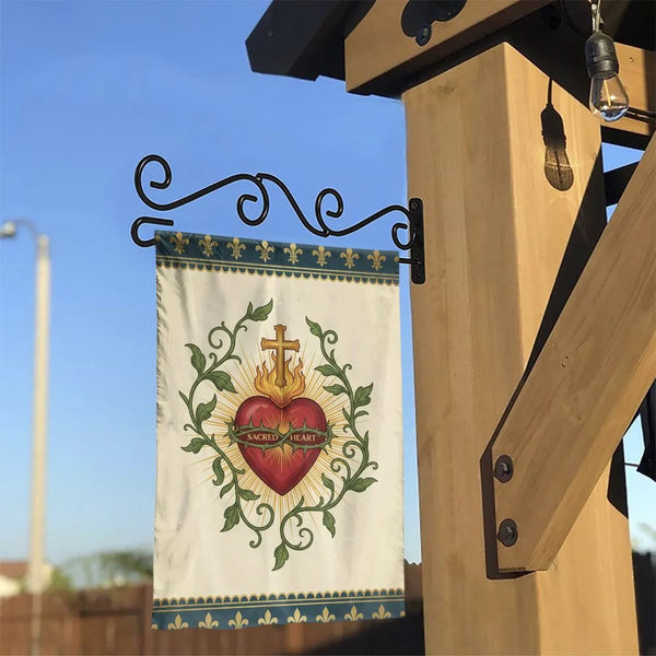 Sacred Heart of Jesus Garden Flag | Vintage Fleur-de-lis Botanical Art | Double Sided Premium Polyester | Catholic Christian 