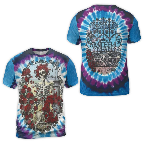 Grateful Dead Skeleton Roses T-Shirt | 3D Tie-Dye All-Over Print | Premium Jersey Fabric | Rock Band Music Festival Gift for 