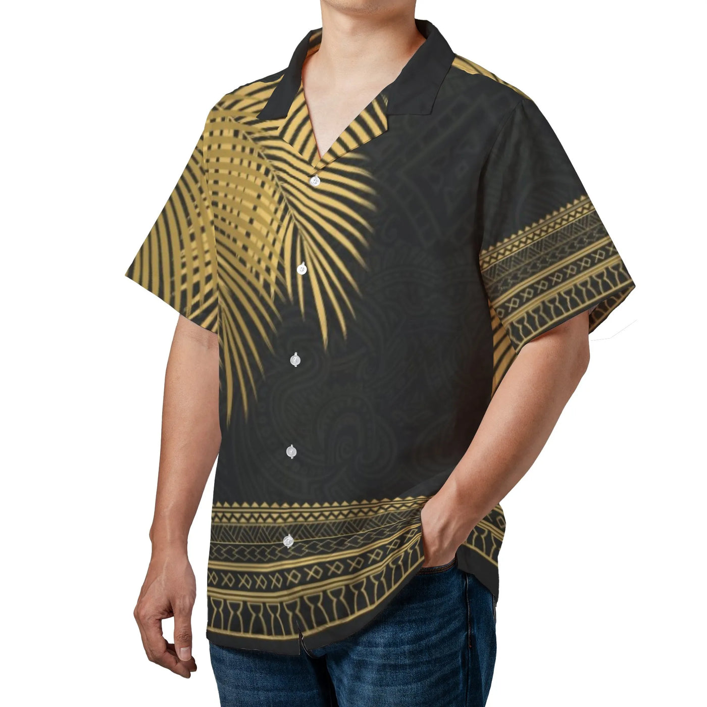 Polynesian Tribal Hawaiian Shirt | Gold Palm Leaves Print | Premium Breathable Polyester | Vacation Beach Gift for Men
